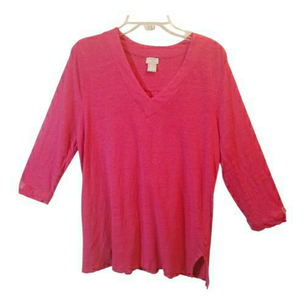 Chico's womens med pink v-neck short sleeve pullover top. 7040